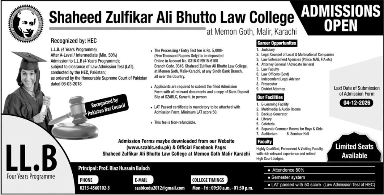 SZABLC Karachi LLB Admissions 2026 Result.pk