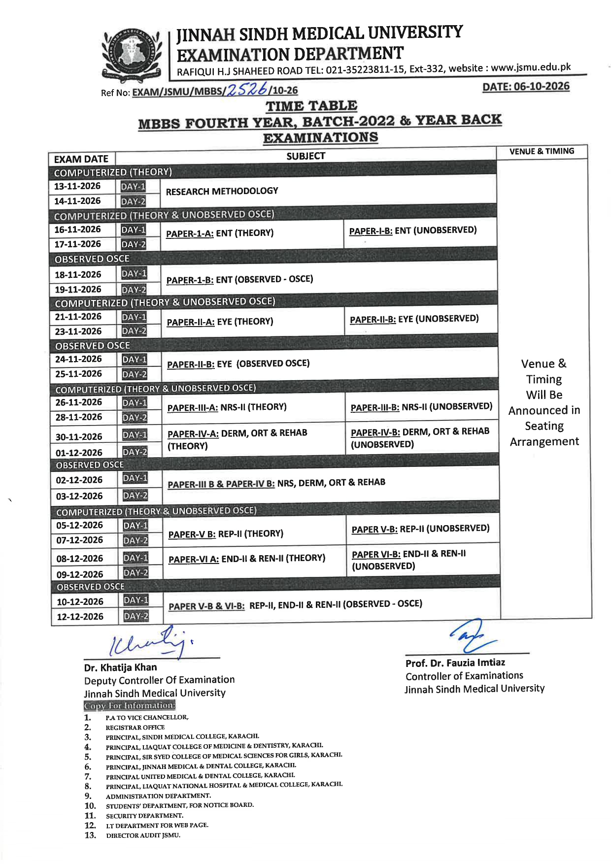 JSMU Time Table 2026 for MBBS 4th Year Batch 2022 JSMU Time Table 2026 for MBBS 4th Year Batch 2022