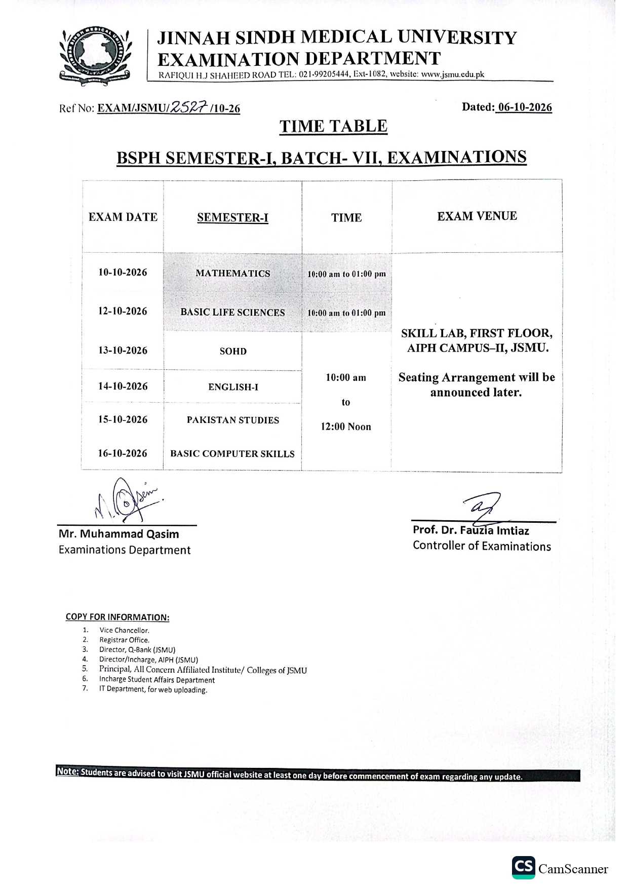 JSMU Time Table 2026 for BSPH Semester I Batch VII JSMU Time Table 2026 for BSPH Semester I Batch VII