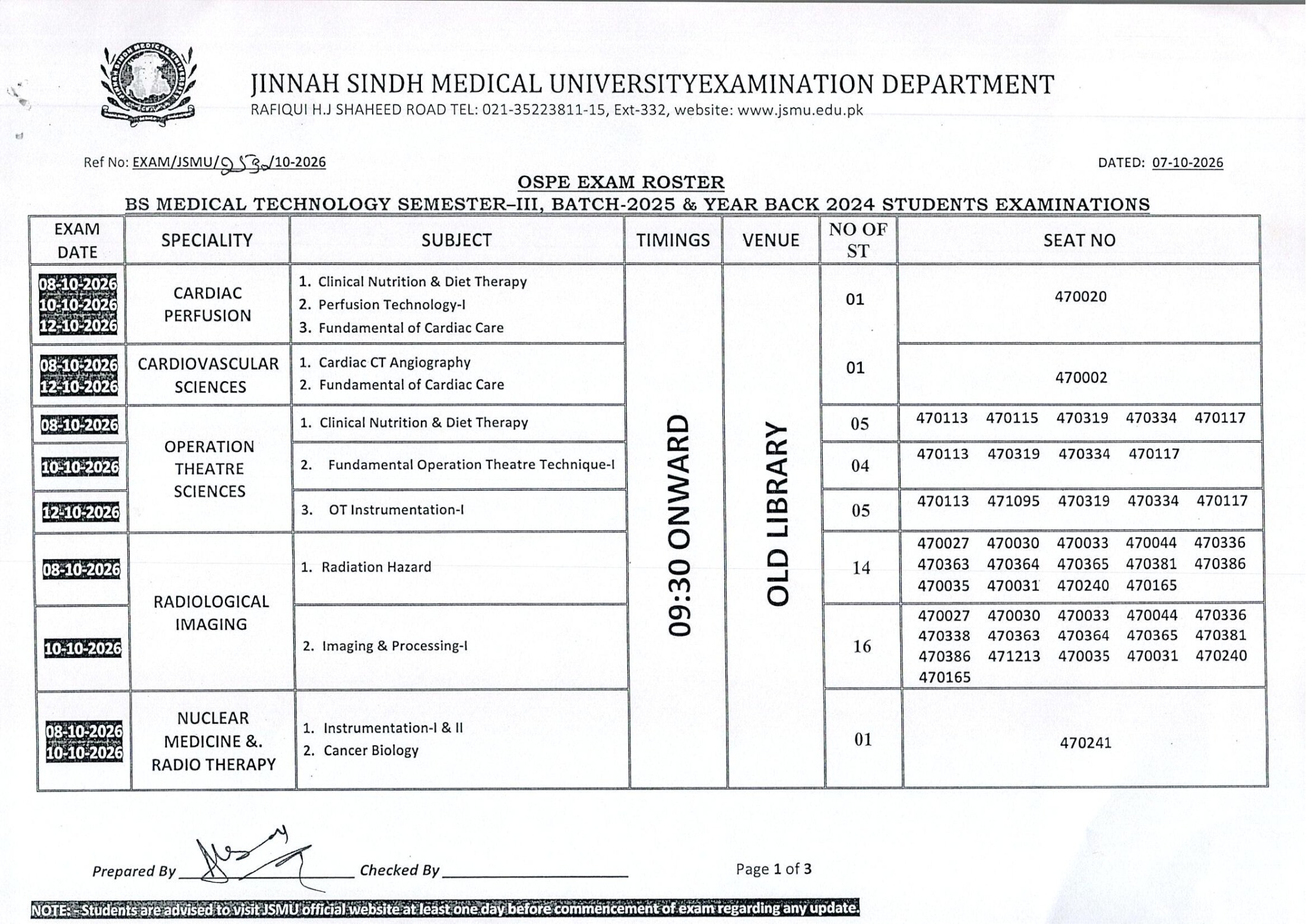 JSMU BSMT Sem III Batch 2025 and YB OSPE Exam Schedule 2026