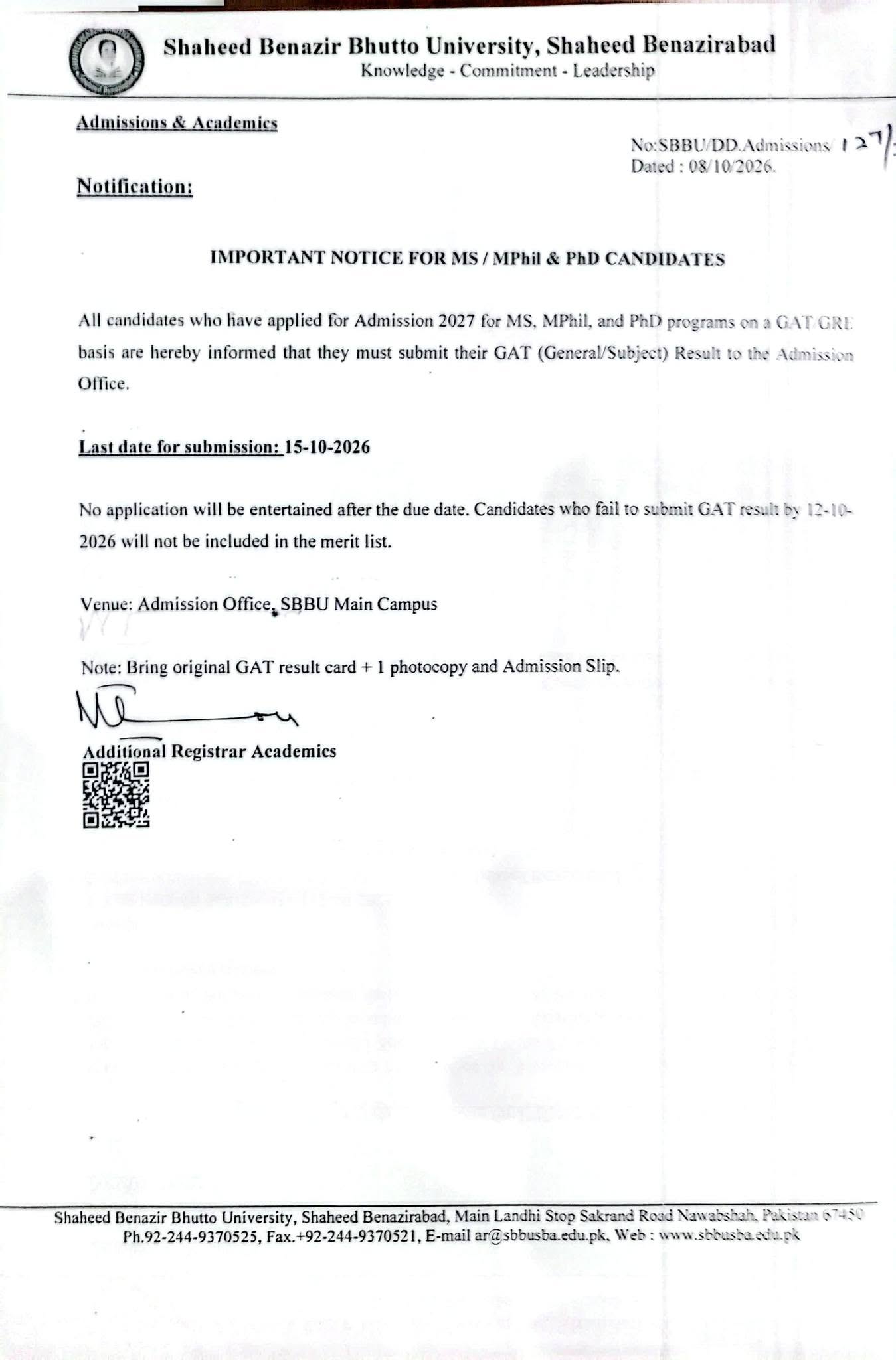 SBBU GAT Result Submission Notice 2026 for MS MPhil & PhD Students Released SBBU GAT Result Submission Notice 2026 for MS MPhil & PhD Students Released