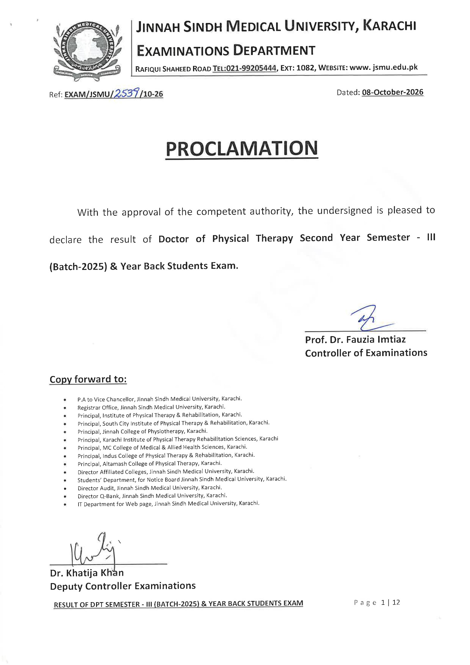 JSMU DPT Semester III & YB Result 2026