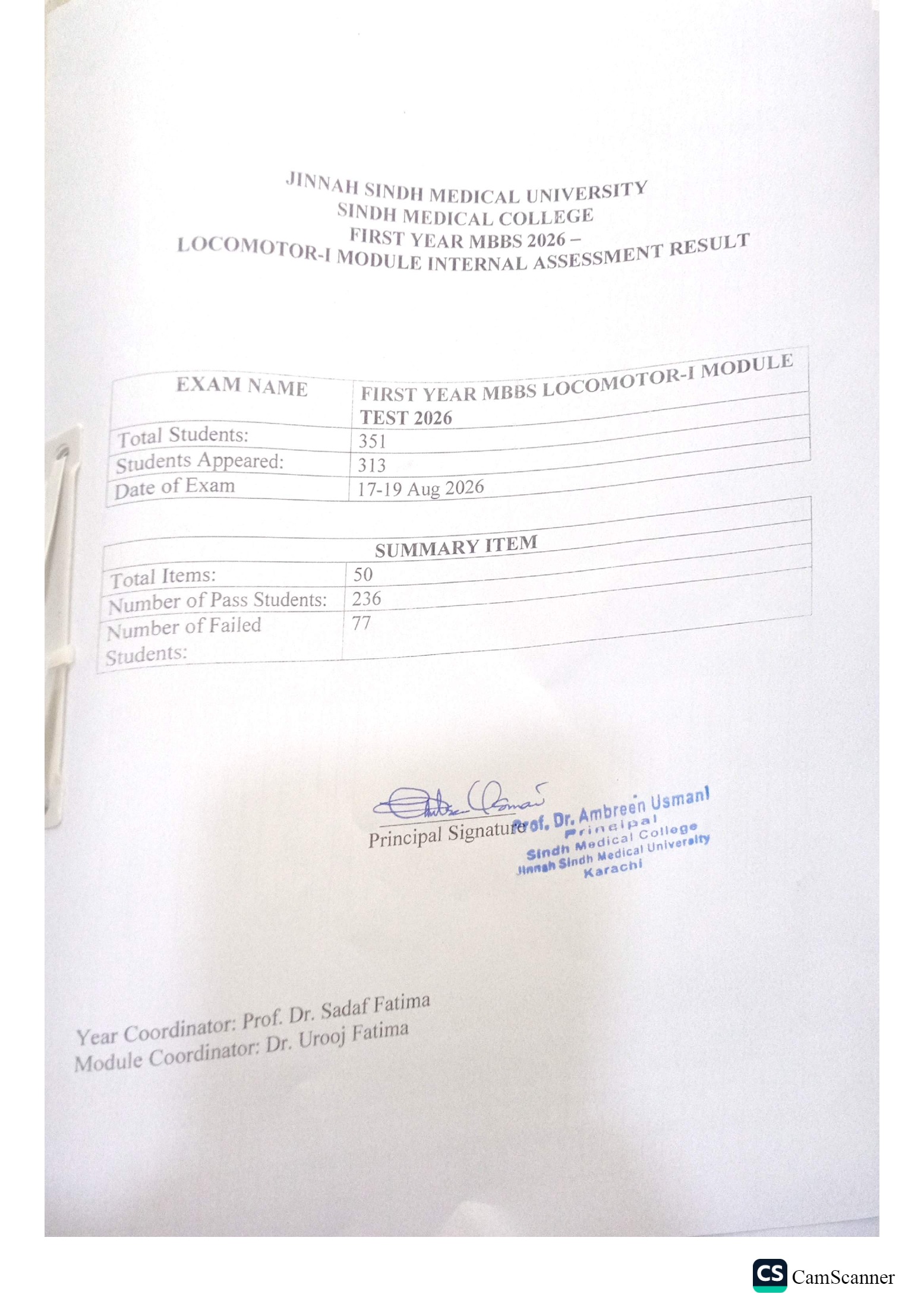 JSMU MBBS 1st Year Locomotor-1 Internal Assessment Result 2026