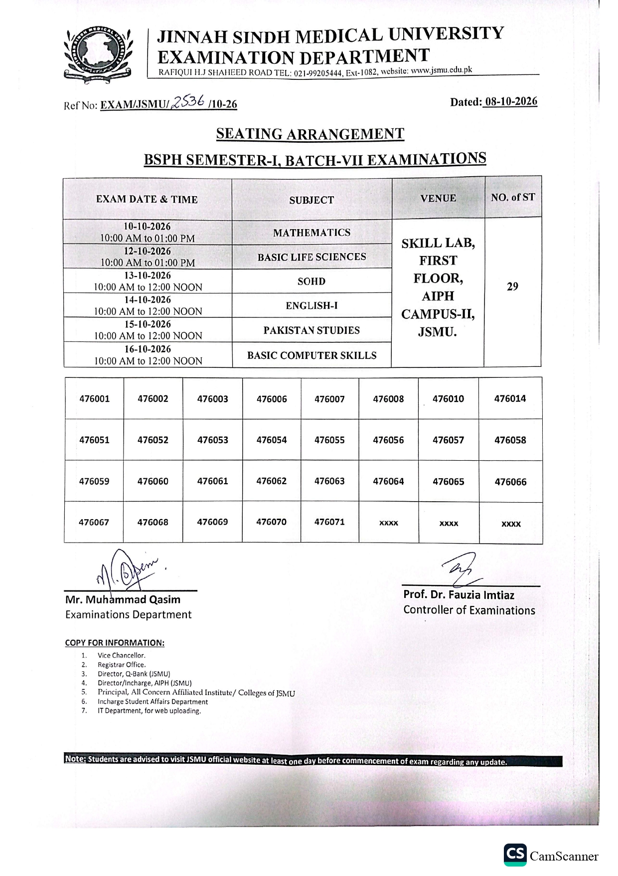 JSMU BSPH Semester I Batch VII Seating Plan 2026 Released