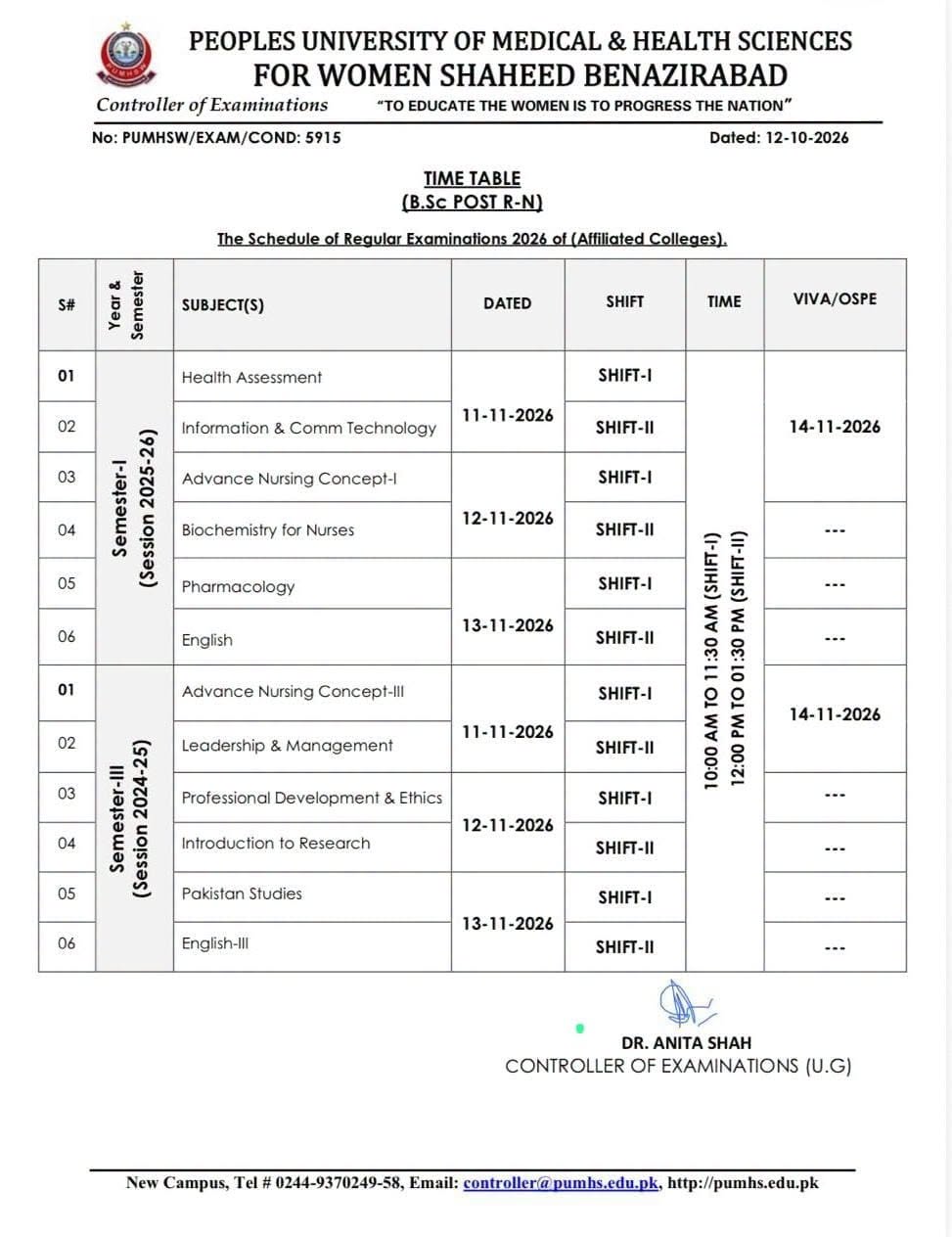 PUMHS Time Table 2026 Announced for BSc Post RN Regular Exams PUMHS Time Table 2026 Announced for BSc Post RN Regular Exams