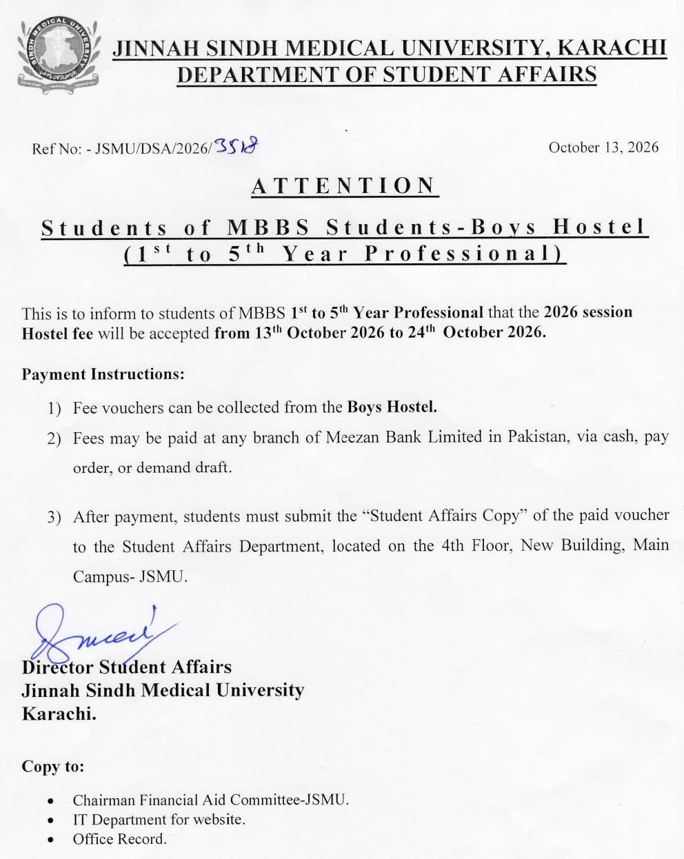 JSMU Fee Notice 2026 Announced for MBBS Boys Hostel Students Issued