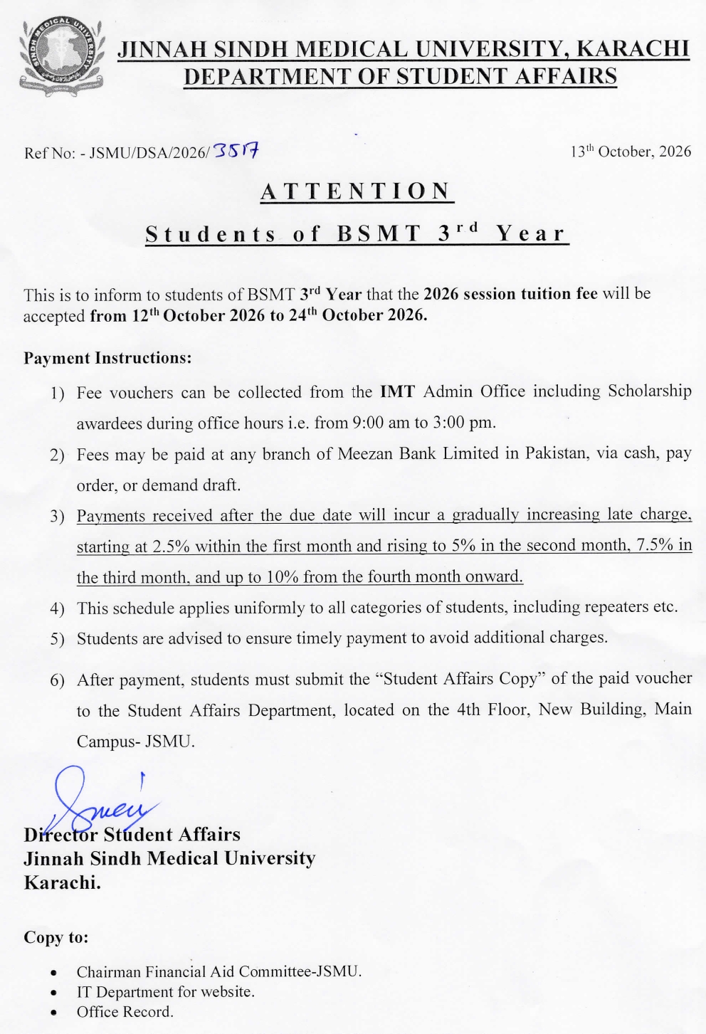 JSMU Fee Notice 2026 Announced for BSMT 3rd Year Students JSMU Fee Notice 2026 Announced for BSMT 3rd Year Students