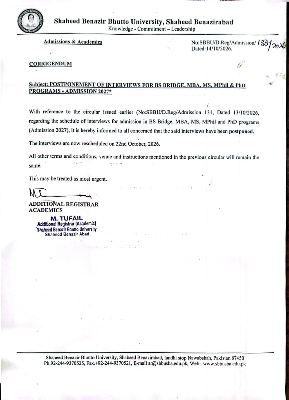 SBBU Interviews Postponement Notice for BS Bridge, MBA, MS, MPhil & PhD Programs