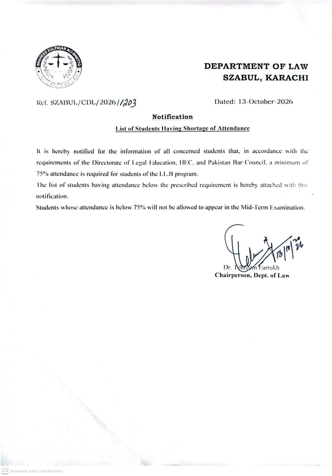 SZABUL Notification 2026 for Students With Low Attendance Face Exam Ban SZABUL Notification 2026 for Students With Low Attendance Face Exam Ban