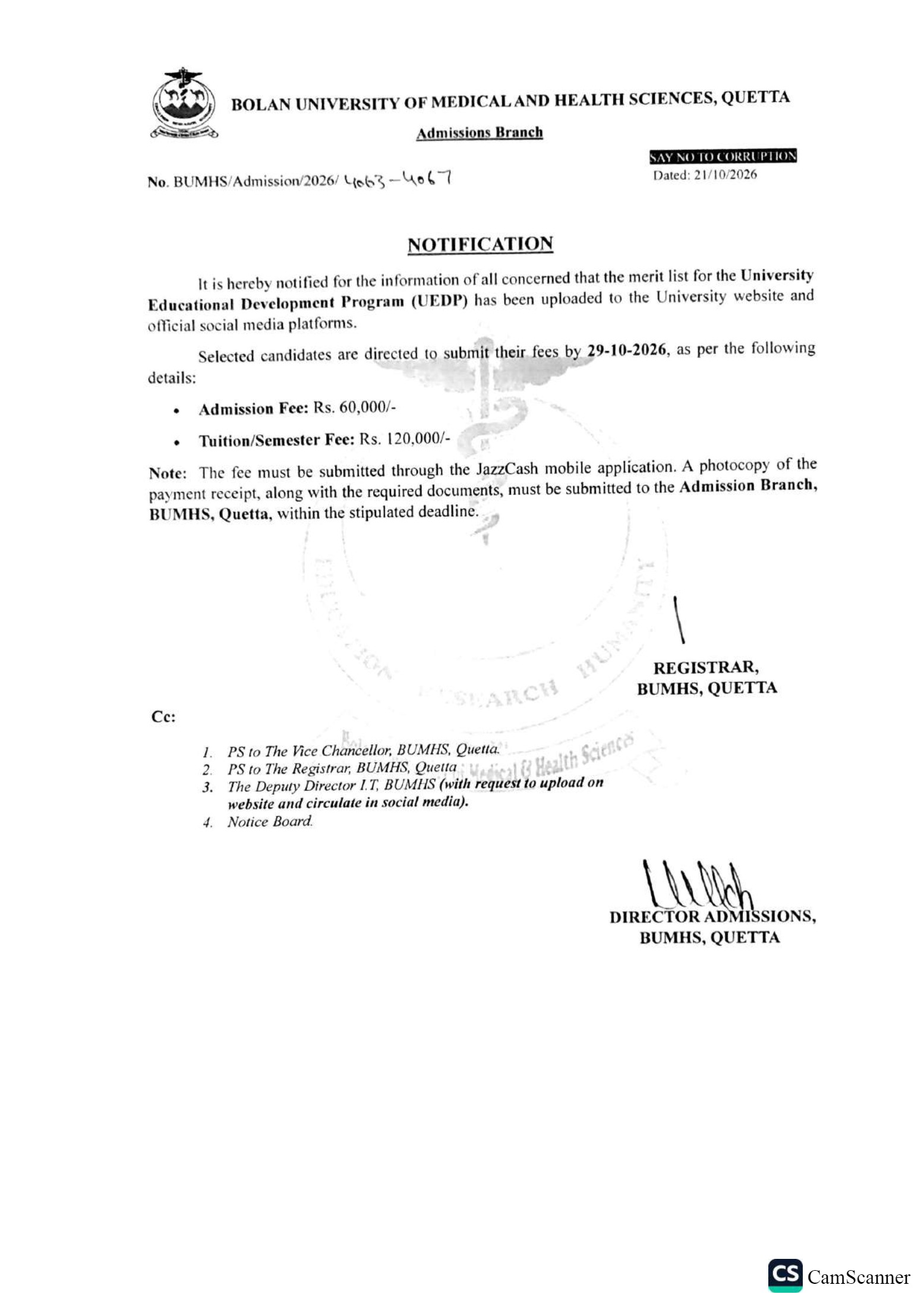 BUMHS 1st Merit List for UEDP Session 2026 Released BUMHS 1st Merit List for UEDP Session 2026 Released
