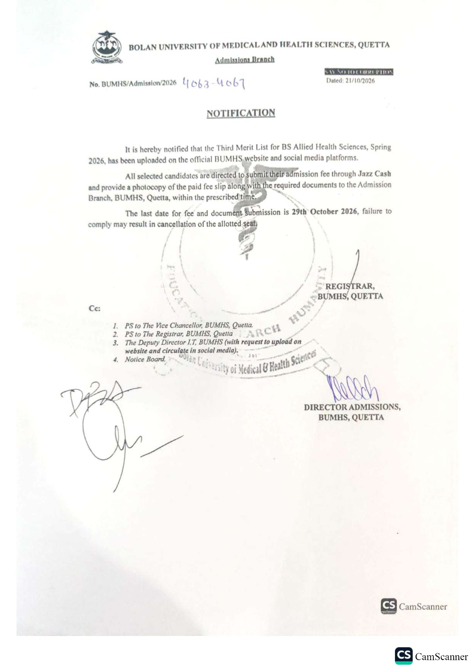 BUMHS 3rd Merit List for AHS Session 2026 Released