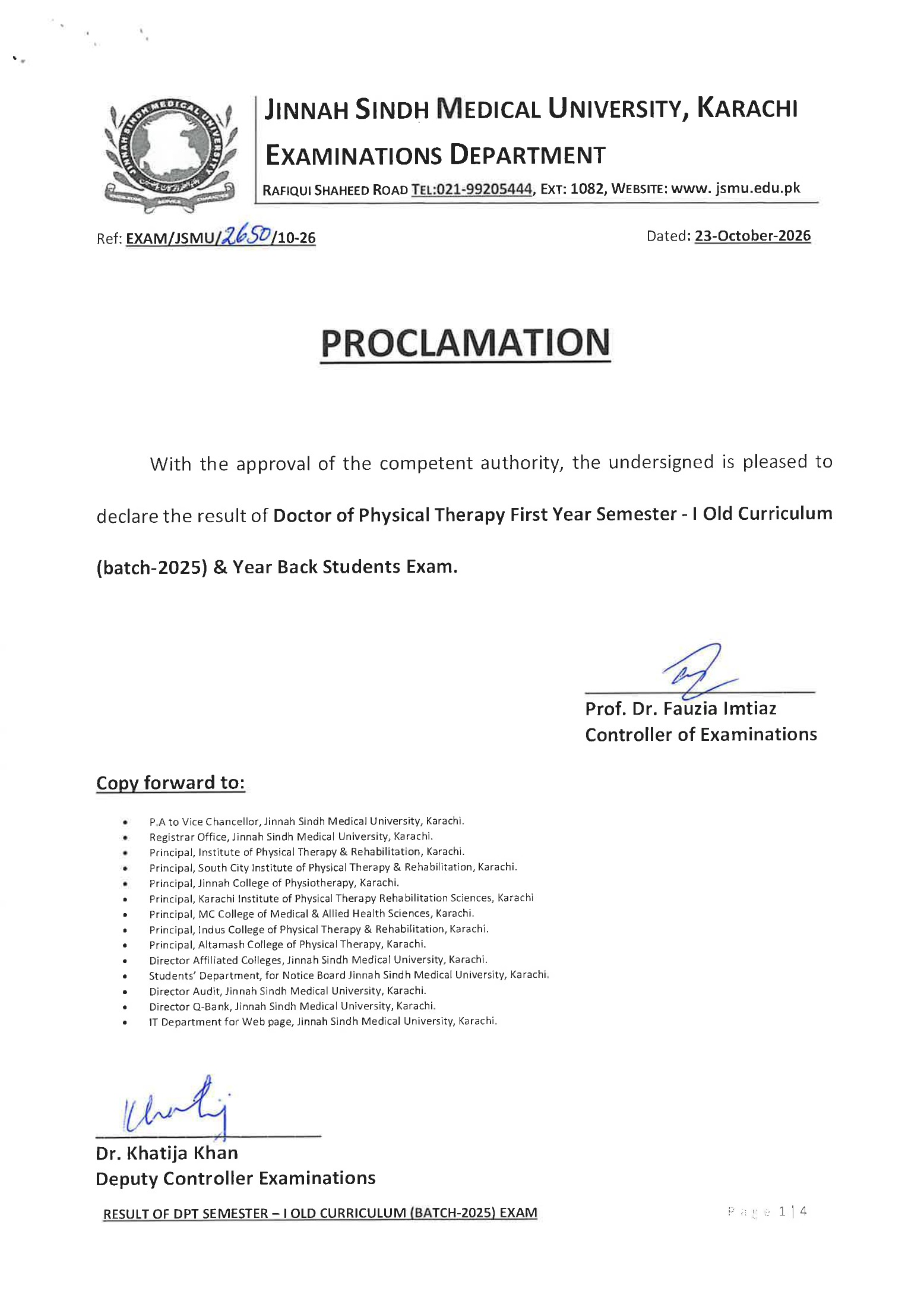 JSMU Result 2026 DPT 1st Year Sem I Old Curriculum Batch 2025 Released
