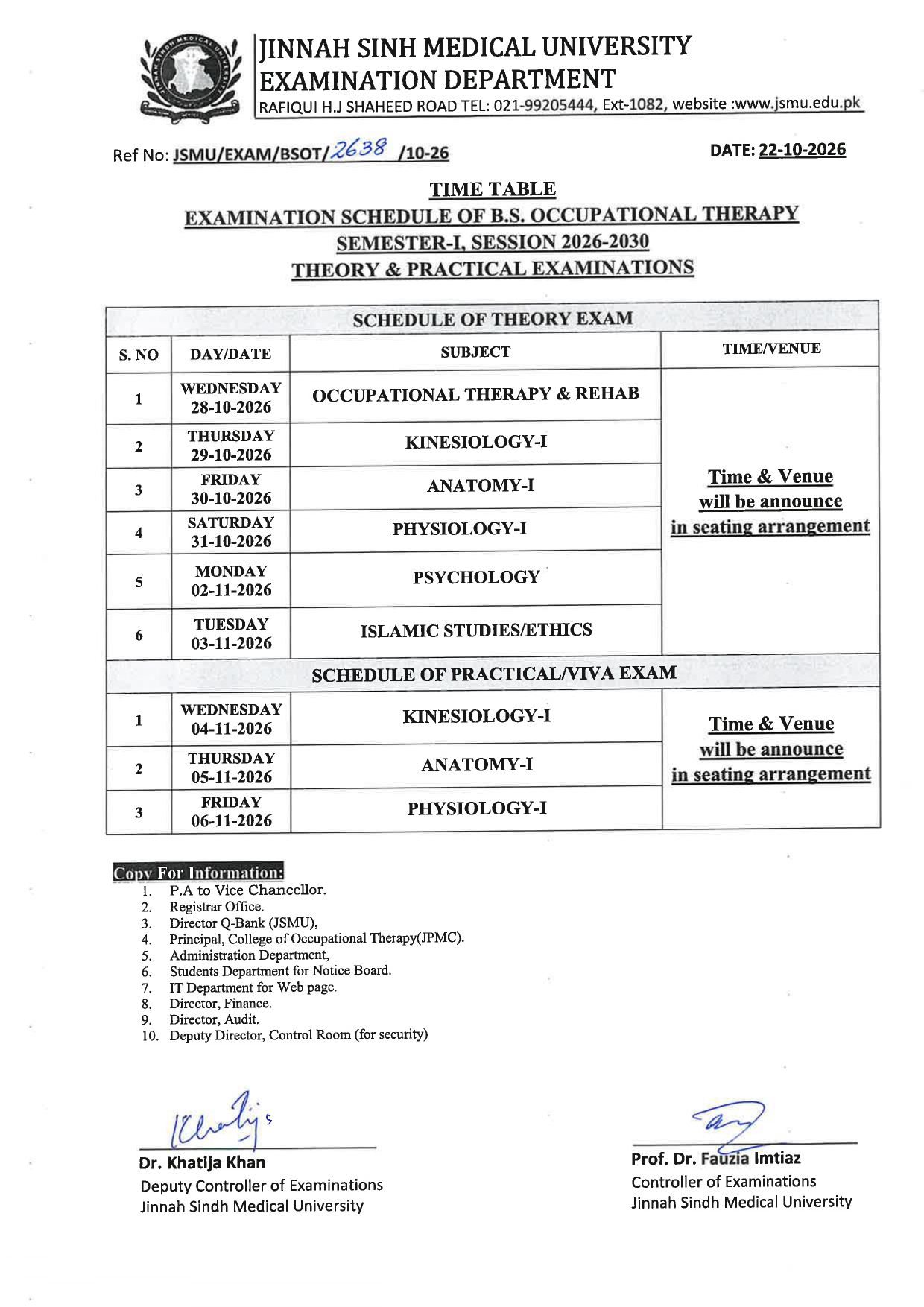 JSMU Announces BSOT 1st Semester Theory Practical Exams Time Table 2026