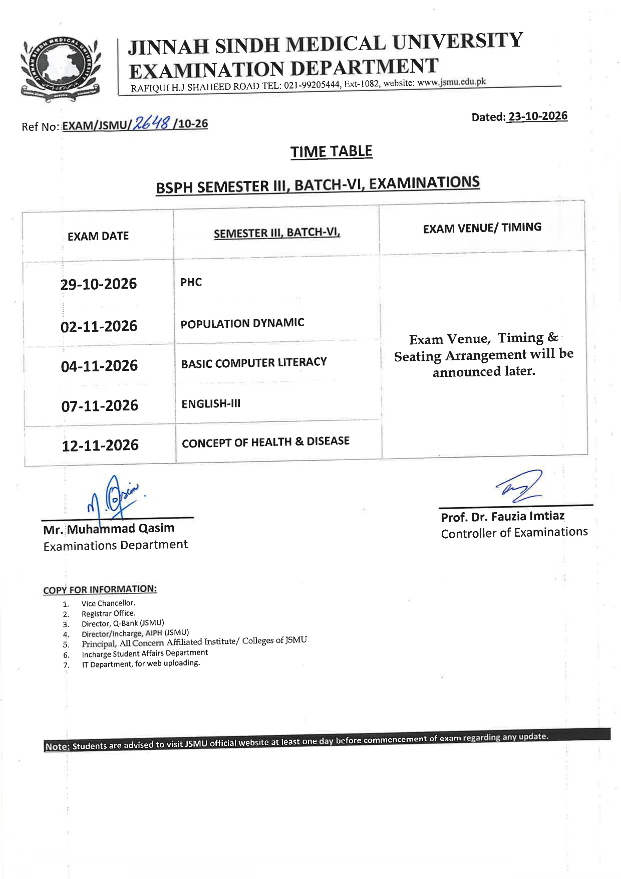 JSMU Time Table 2026 Announced for BSPH Sem III Batch VI Exams