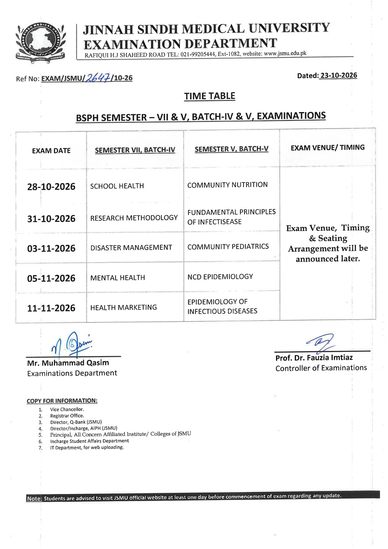 JSMU BSPH Sem VII & V Batch IV & V Exams Time Table 2026 Announced