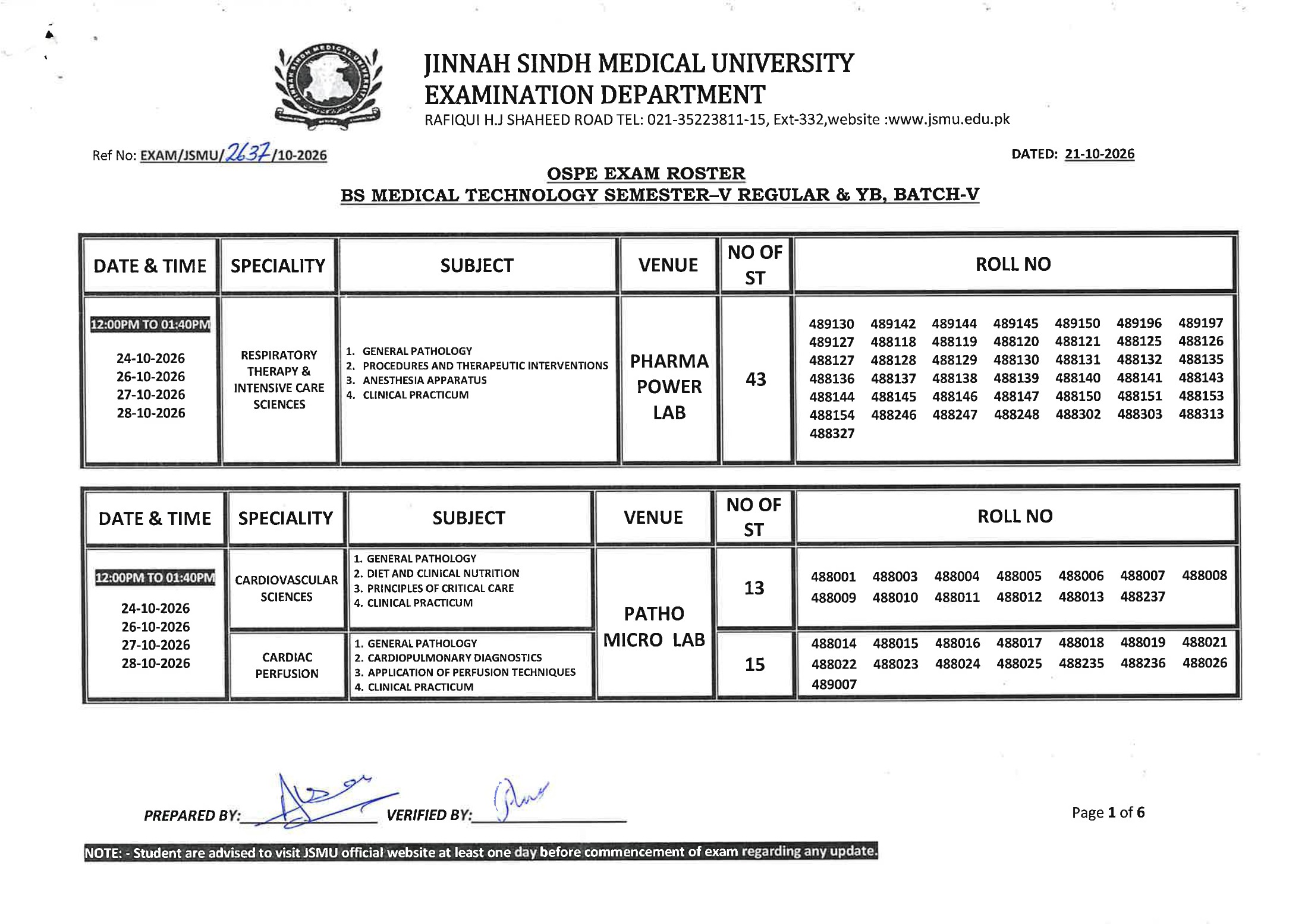 JSMU Issues BSMT 5th Sem OSPE Roster Regular YB Batch V Date Sheet 2026 JSMU Issues BSMT 5th Sem OSPE Roster Regular YB Batch V Date Sheet 2026