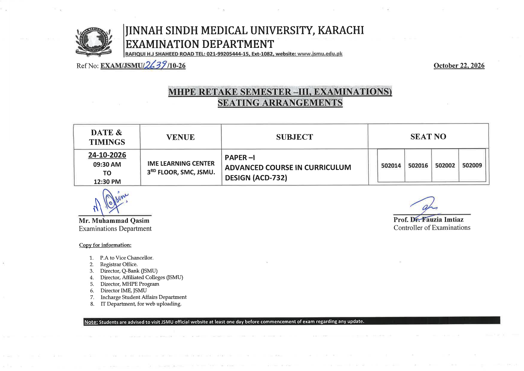 JSMU Seating Arrangement 2026 Announced for MHPE Retake Sem III Exams JSMU Seating Arrangement 2026 Announced for MHPE Retake Sem III Exams