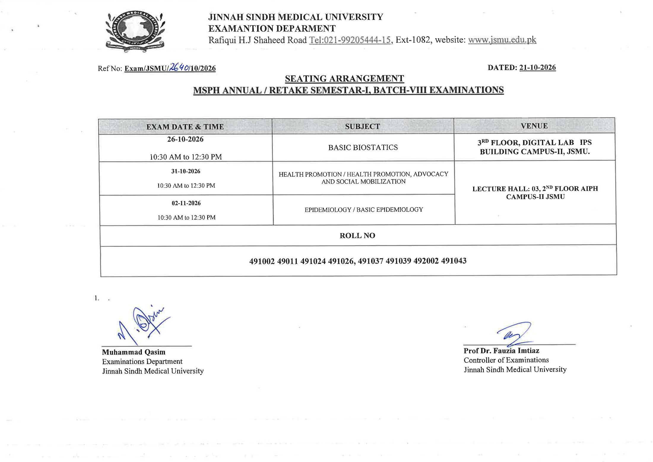 JSMU MSPH Annual Retake Sem I Batch VIII Seating Arrangement 2026 Announced