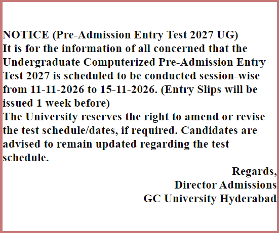 GCUH Entry Test Notice 2026 Announced for Undergraduate Admissions