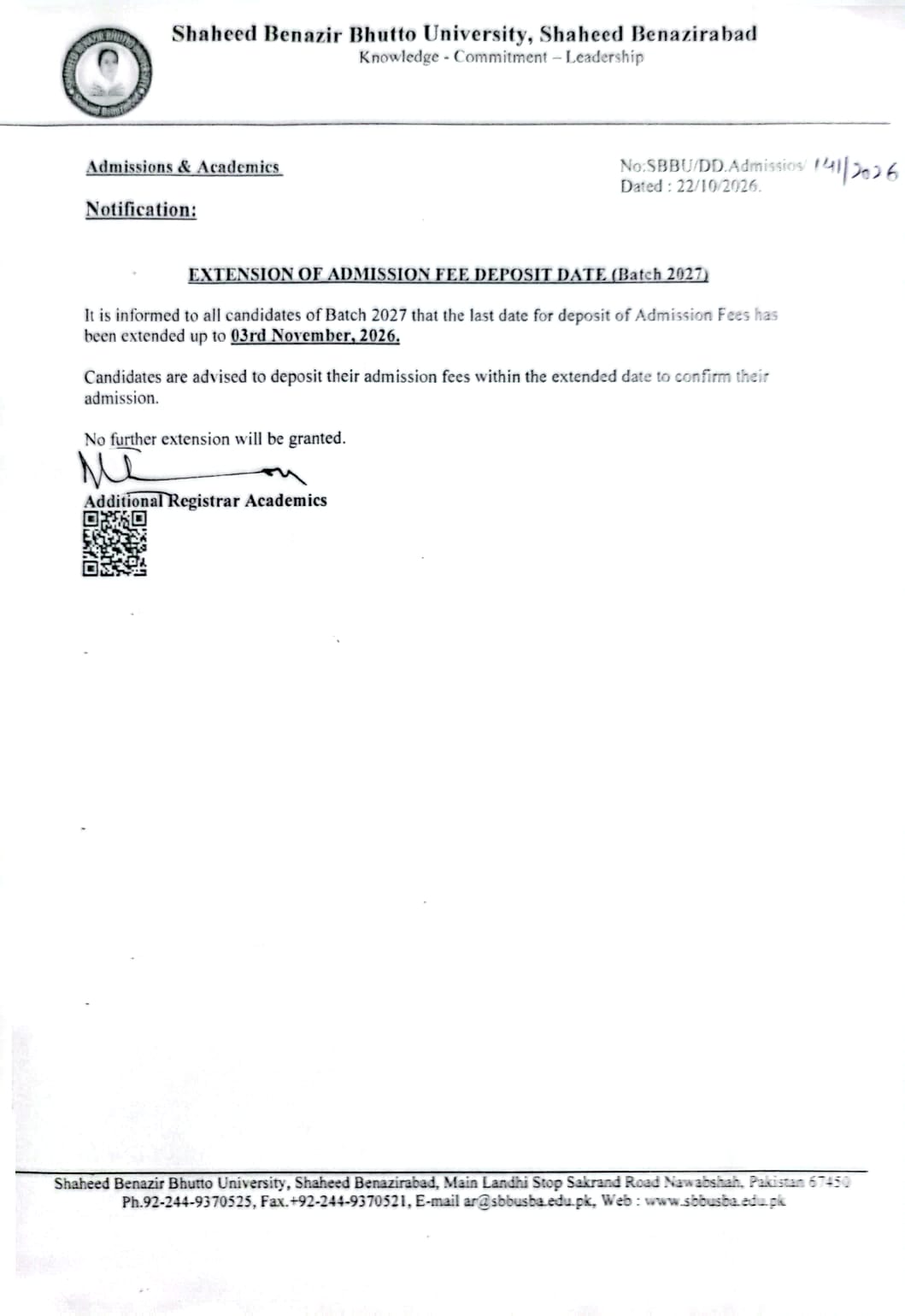 SBBUSBA Fee Deadline Notice for Admissions 2026 SBBUSBA Fee Deadline Notice for Admissions 2026