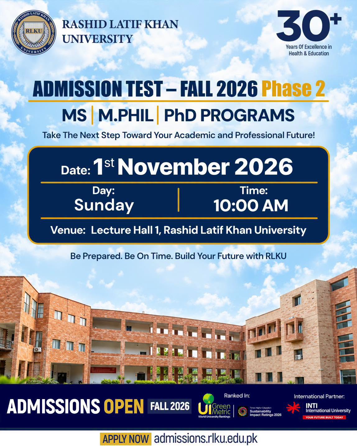 RLKU Releases Admission Test Notice for MS, MPhil & PhD Programs 2026