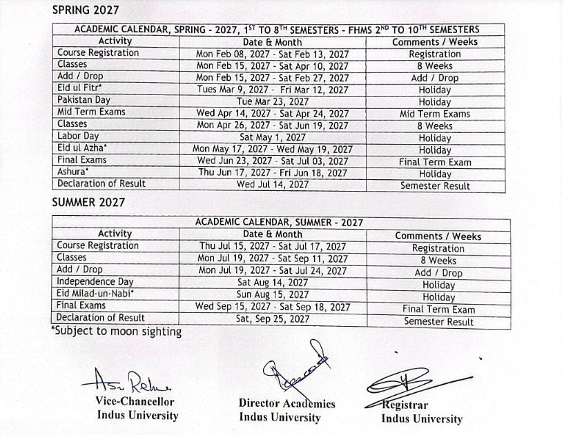 INDUS Academic Calendar 2027 for Spring & Summer Sessions Out Now