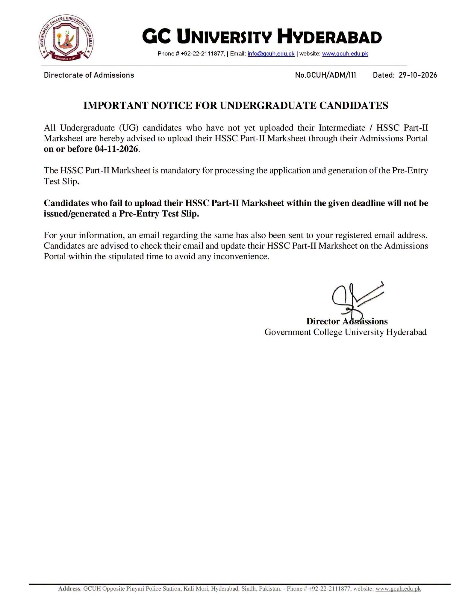 GCUH Marksheets Uploading Notice 2026 - Upload HSSC Part-II by November 04