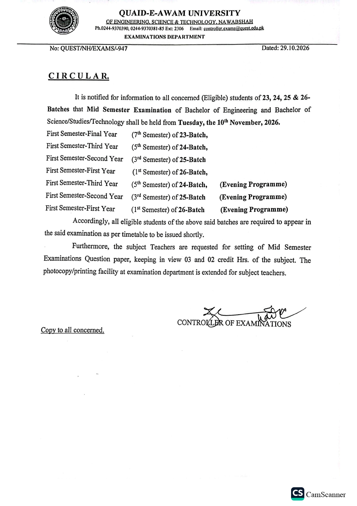 QUEST Mid Semester Exam Notice for 23, 24, 25 & 26 Batches Released