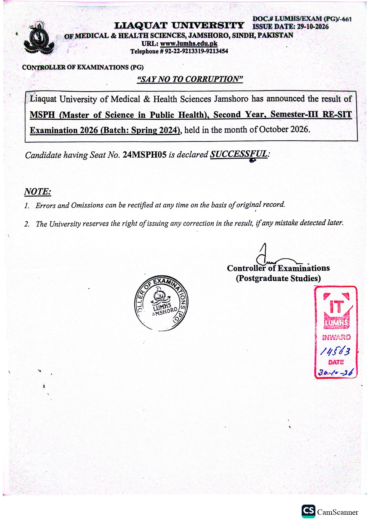 PUMHS Result 2026 Announced for MSPH Semester III Re-Sit Examination