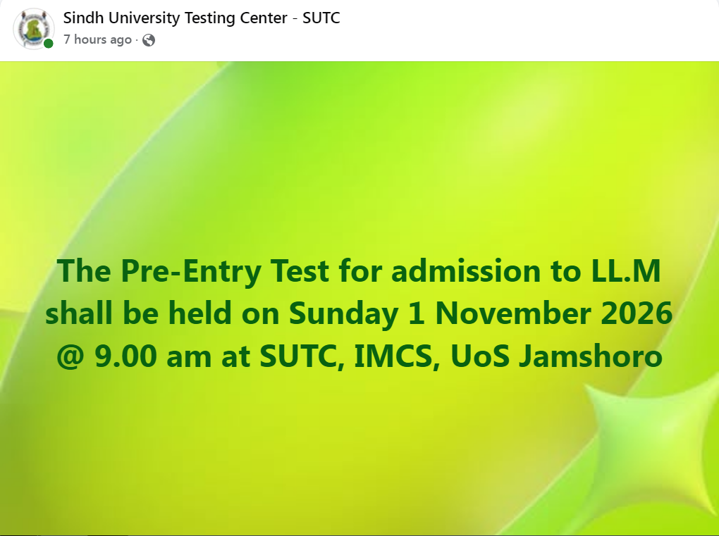 USindh Pre Entry Test Notice 2026 Announced for LL.M Admissions
