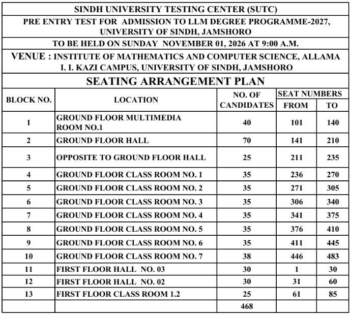 USindh Releases LLM Program Pre Entry Test Seating Arrangement Plan 2026