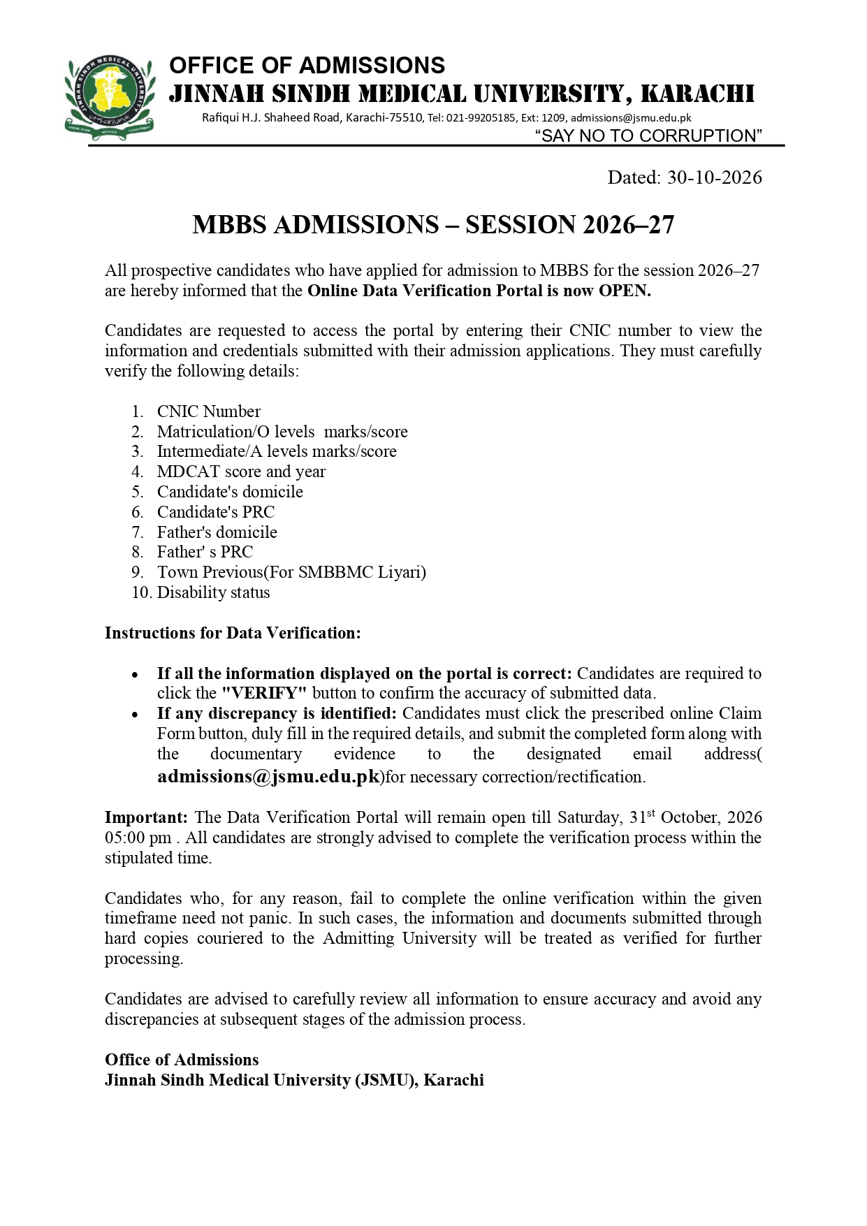 JSMU Opens Online Data Verification Portal for MBBS Applicants JSMU Opens Online Data Verification Portal for MBBS Applicants