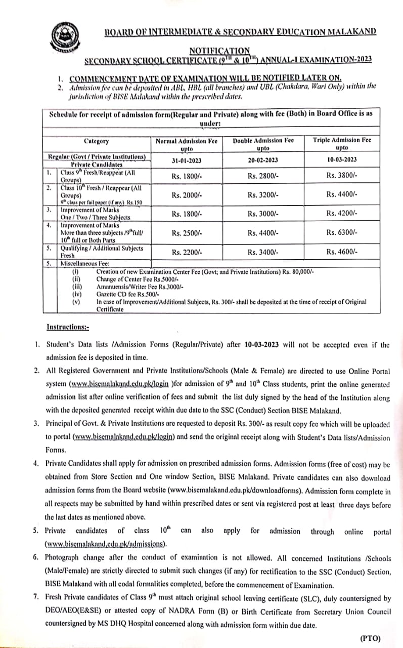 BISE Malakand SSC 1st Annual Exams 2023 Forms Schedule Result.pk