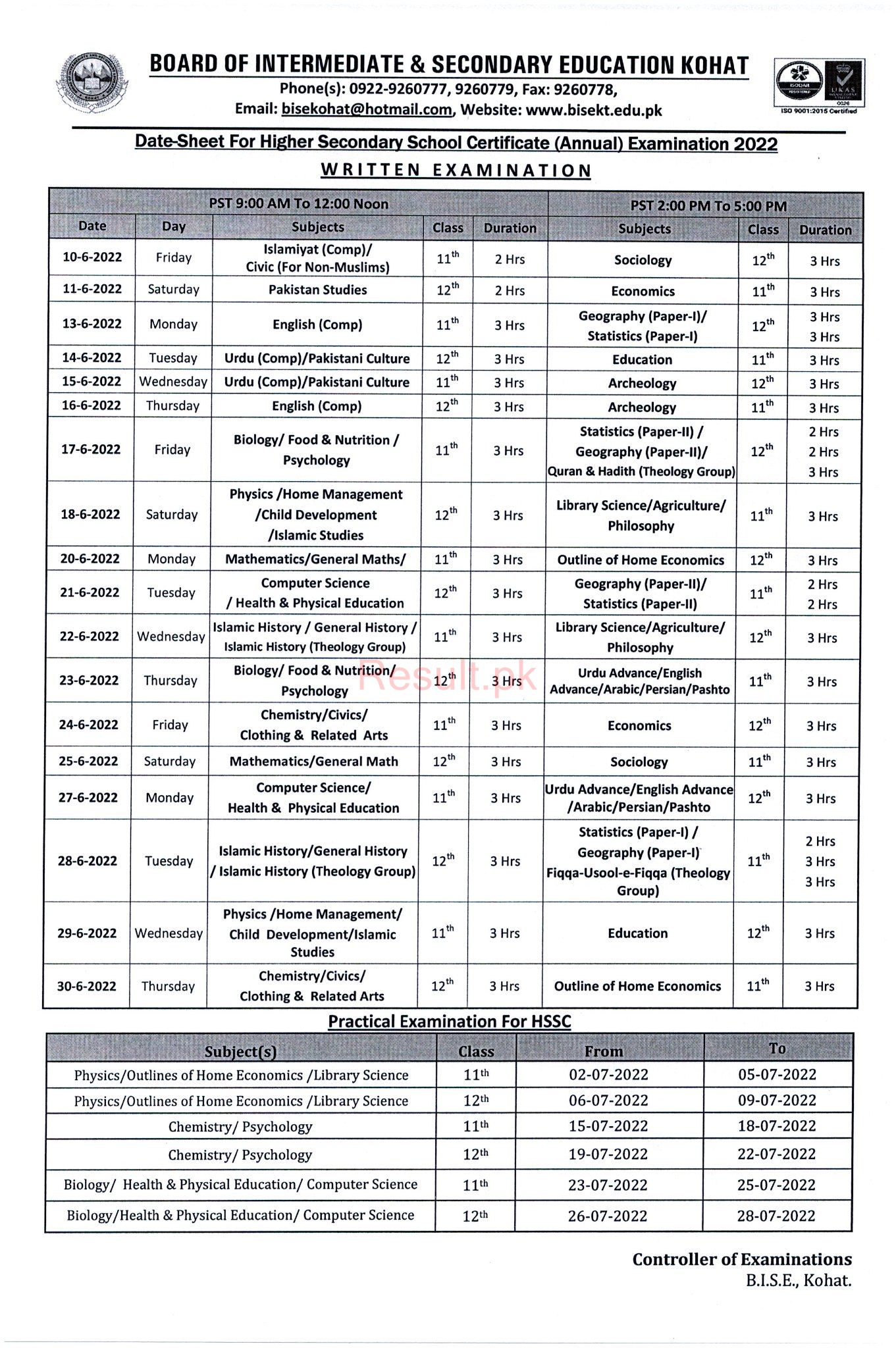 Hssc Date Sheet 2024 BISE Kohat Board bisekt Online