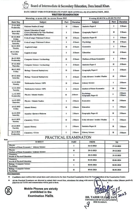 BISE DI Khan Board Date Sheet 2025 Matric Part 1 2, 9th & 10th, SSC