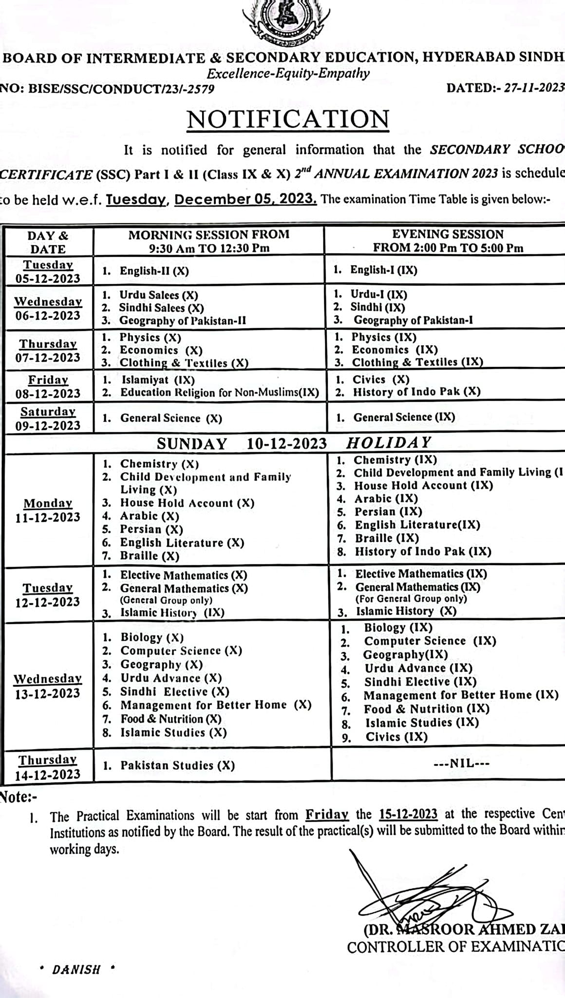 BISE Hyderabad Board Date Sheet 2024 Matric Part 1 2, 9th & 10th, SSC