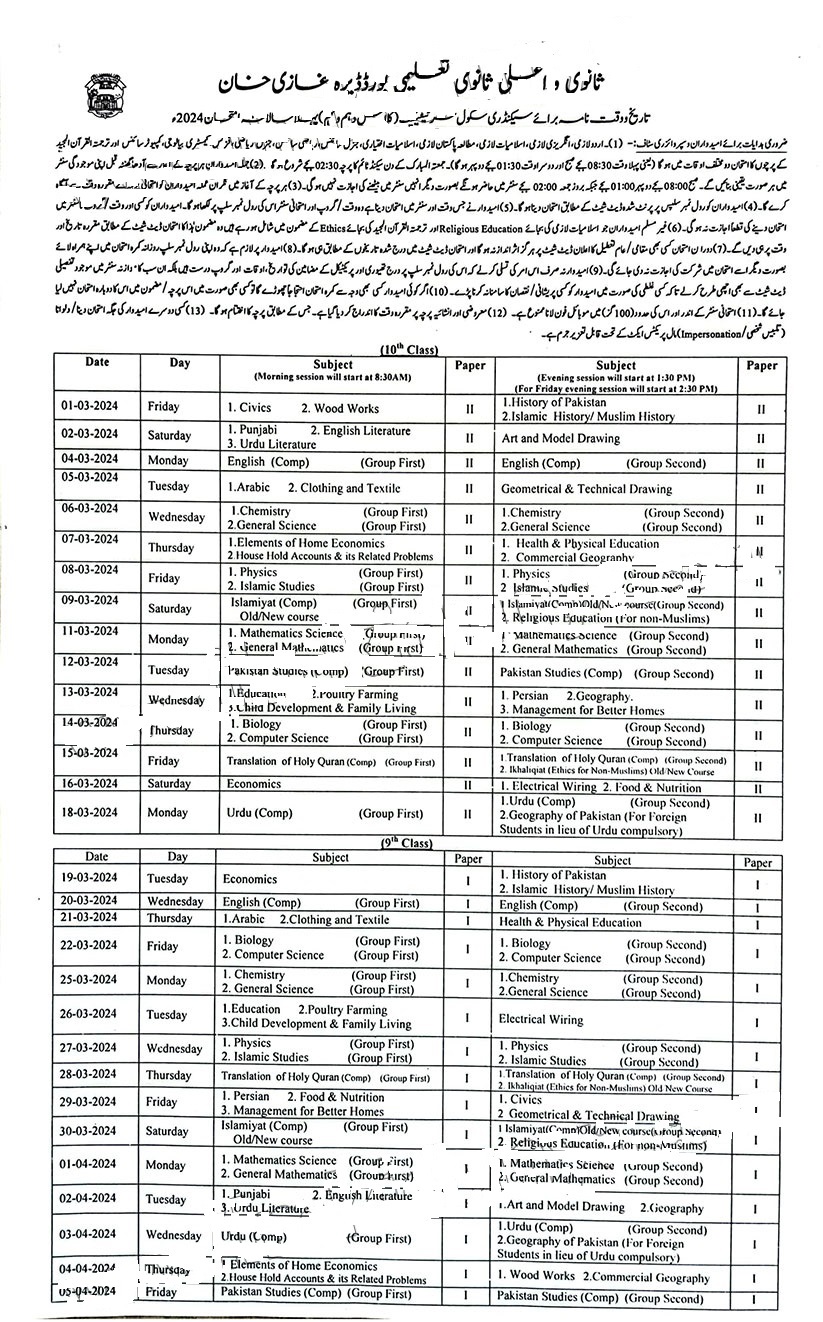 BISE DG Khan Board Date Sheet 2024 Inter Part 1 2, HSSC, FA, FSC, Inter