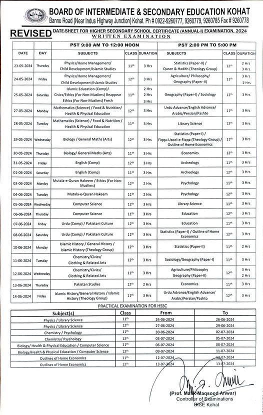 Hssc Date Sheet 2024 BISE Kohat Board bisekt Online