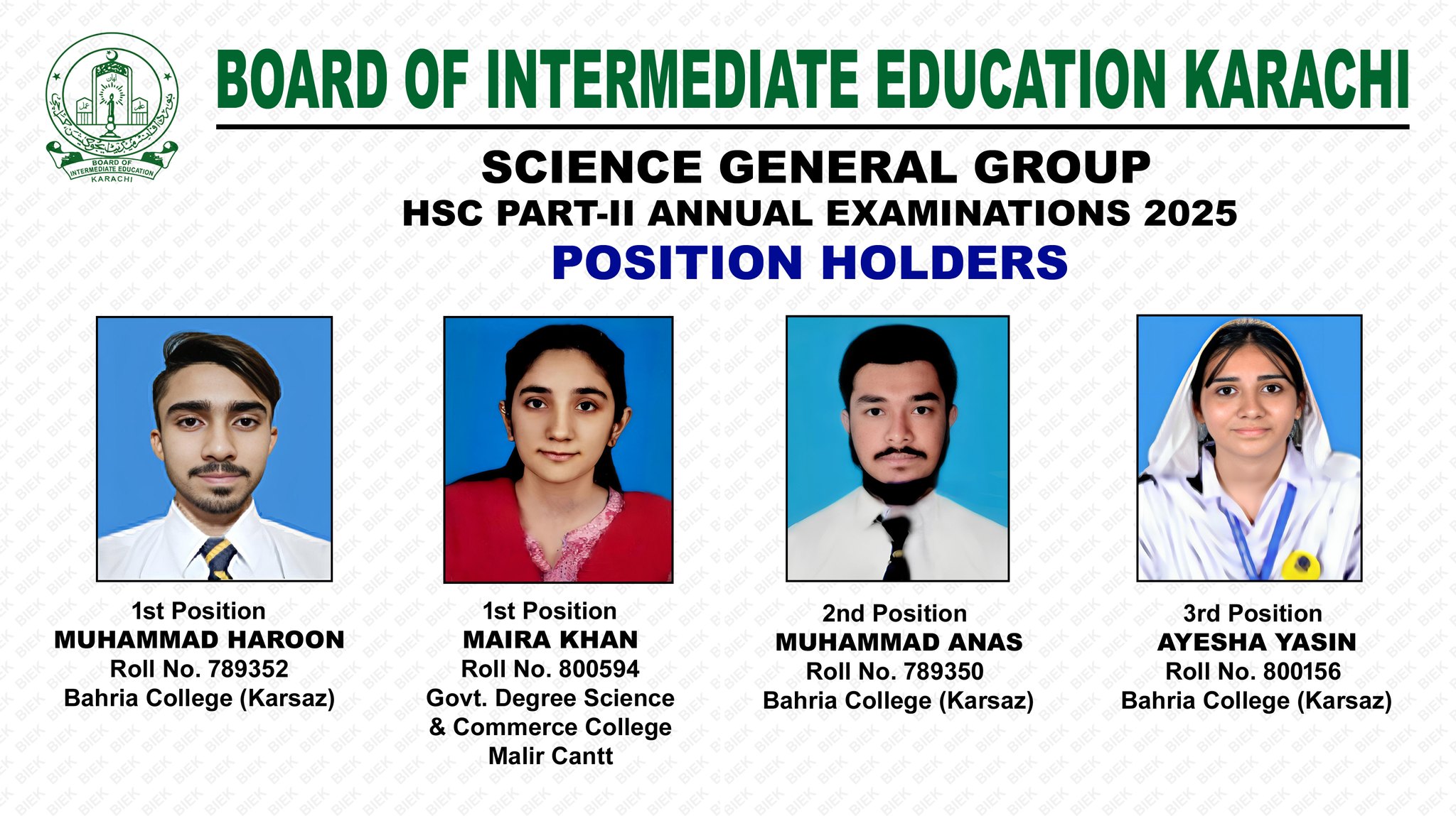 BIEK Karachi HSSC Position Holders 2025 Science General Group