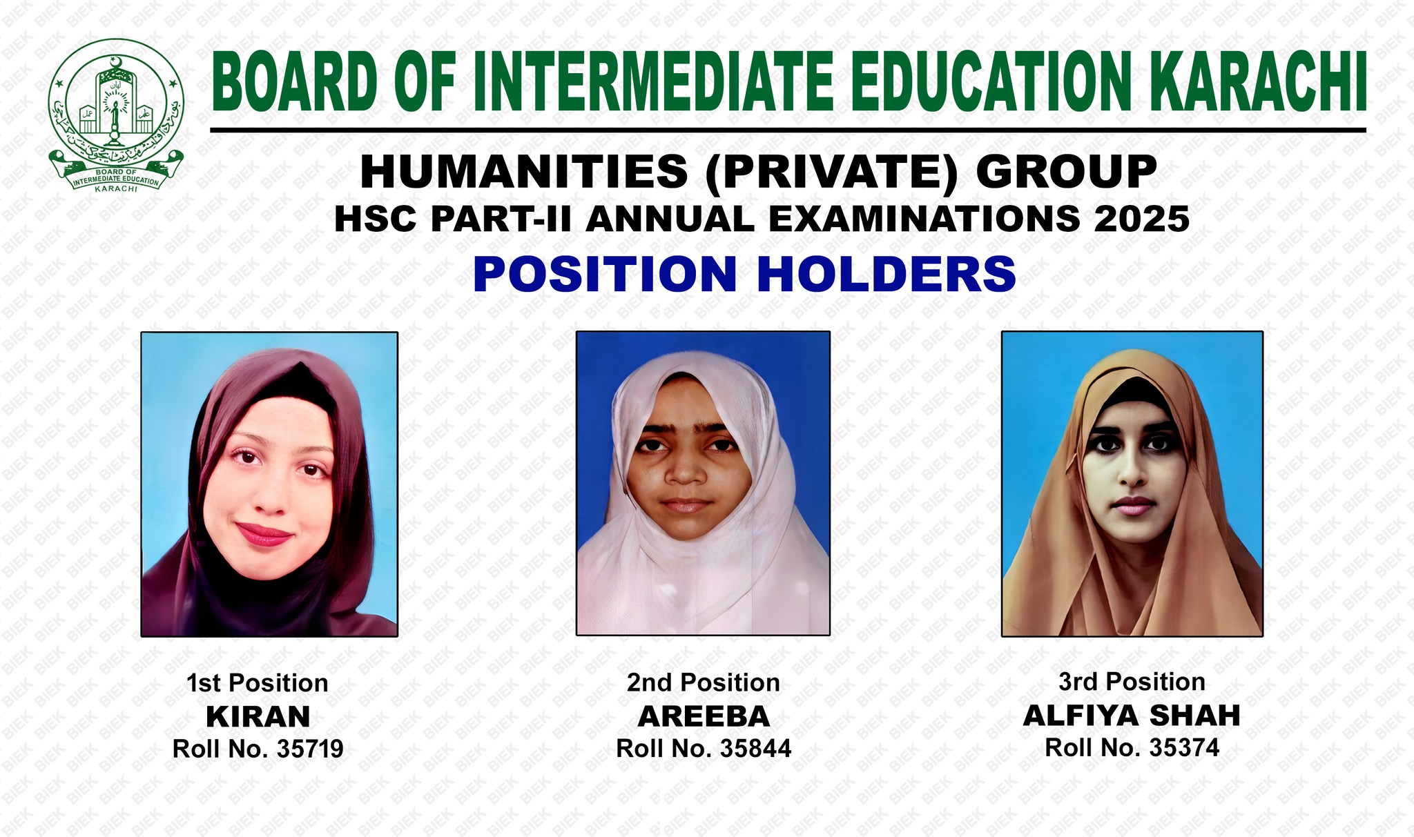 Karachi Inter 12th Class Humanities Private Group Position Holders 2025 BIEK Karachi 12th Class Humanities Private Group Position Holders 2025