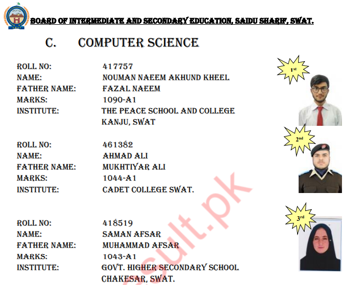 Bise Swat 12th Class Computer Science Group Top 3 Topper List 2025