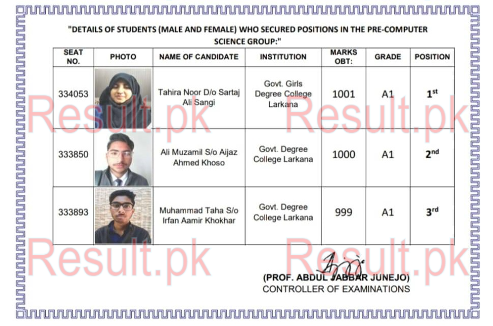 Larkana Board HSC Position Holders 2025 Pre Computer Science Group Combined