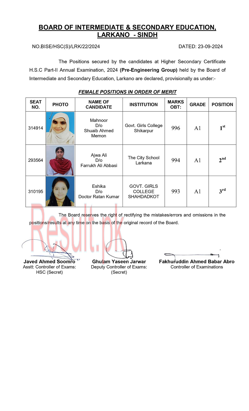 Larkana Board HSC Position Holders 2024 Pre Engineering Group Females