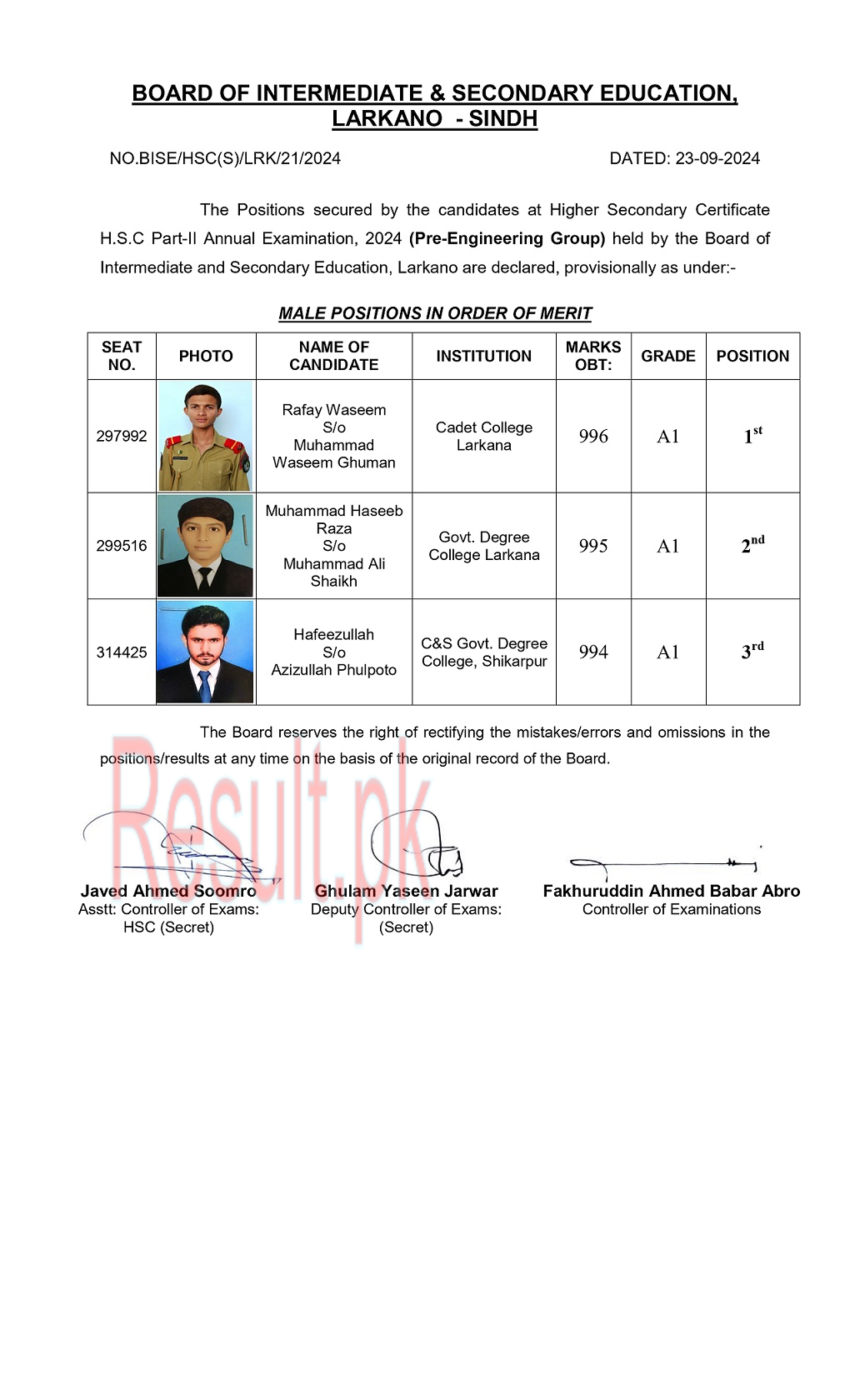 Larkana Board HSC Position Holders 2024 Pre Engineering Group Male