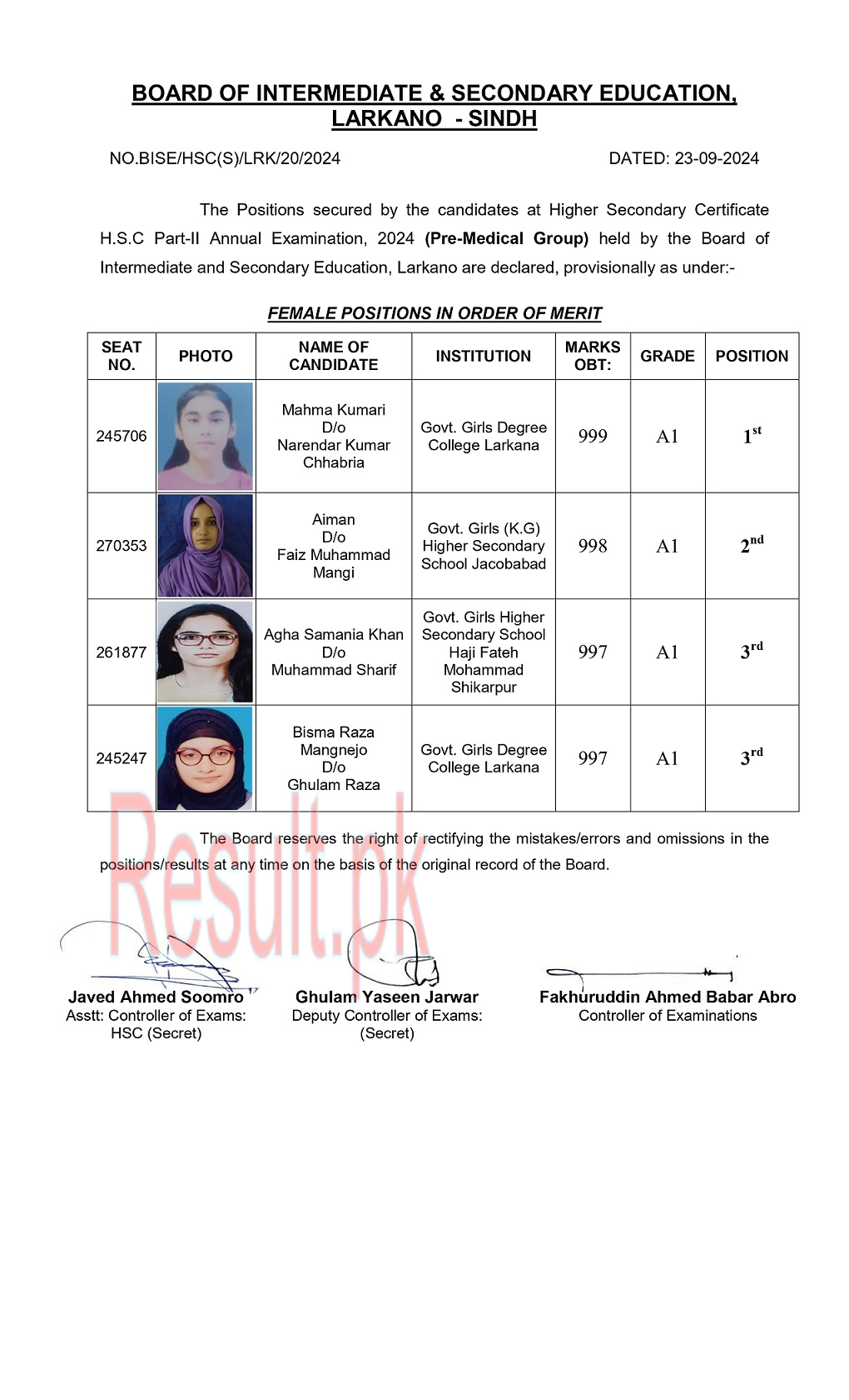 Larkana Board HSC Position Holders 2024 Pre Medical Group Females