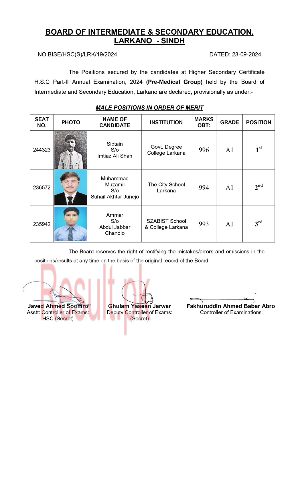Larkana Board HSC Position Holders 2024 Pre Medical Group Male