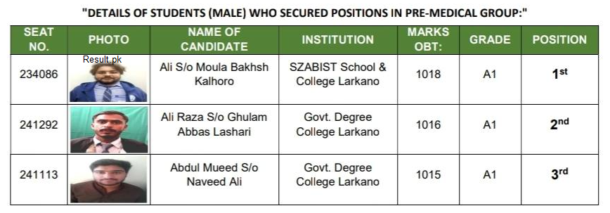 Larkana Board HSC Position Holders 2025 Pre Medical Group Male