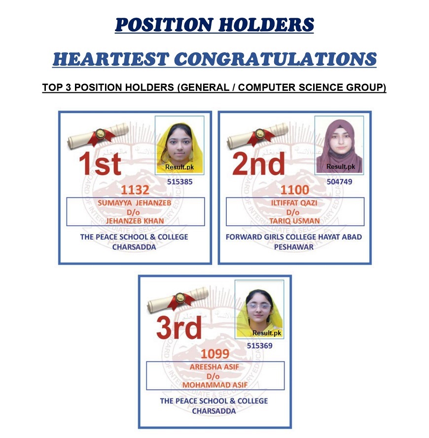 Peshawar Board 12th Class General / Computer Science Group Position Holders 2025 BISE Peshawar 12th Class General / Computer Science Group Position Holders 2025