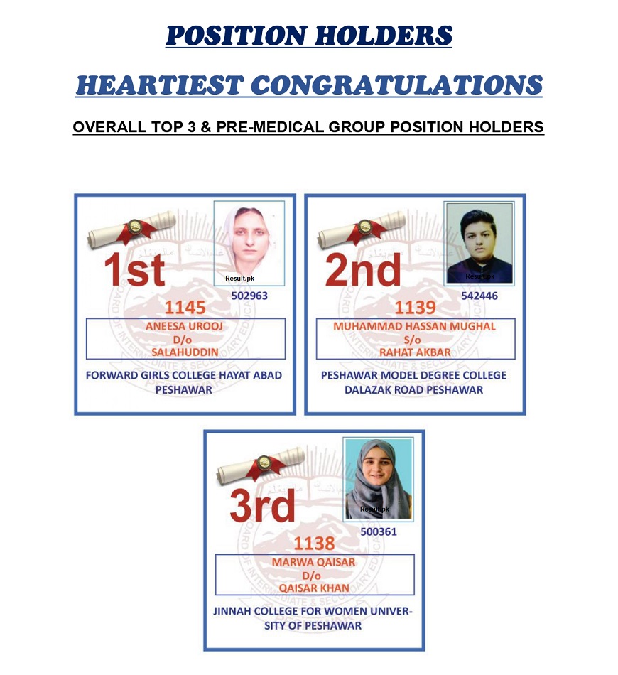 Peshawar Board 12th Class Overall Top 3 and Pre Medical Group Position Holders 2025 BISE Peshawar 12th Class Overall Top 3 and Pre Medical Group Position Holders 2025