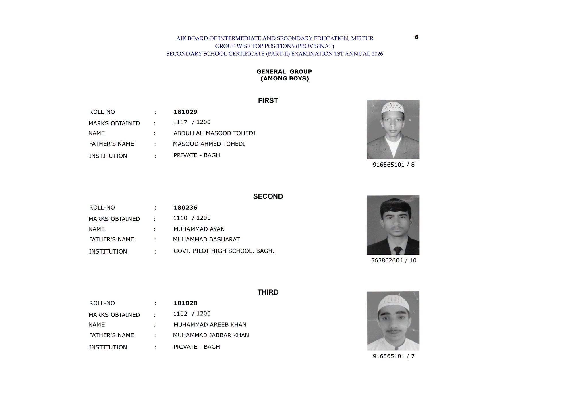 AJK Board SSC General Group (Among Boys) Top Positions 2026